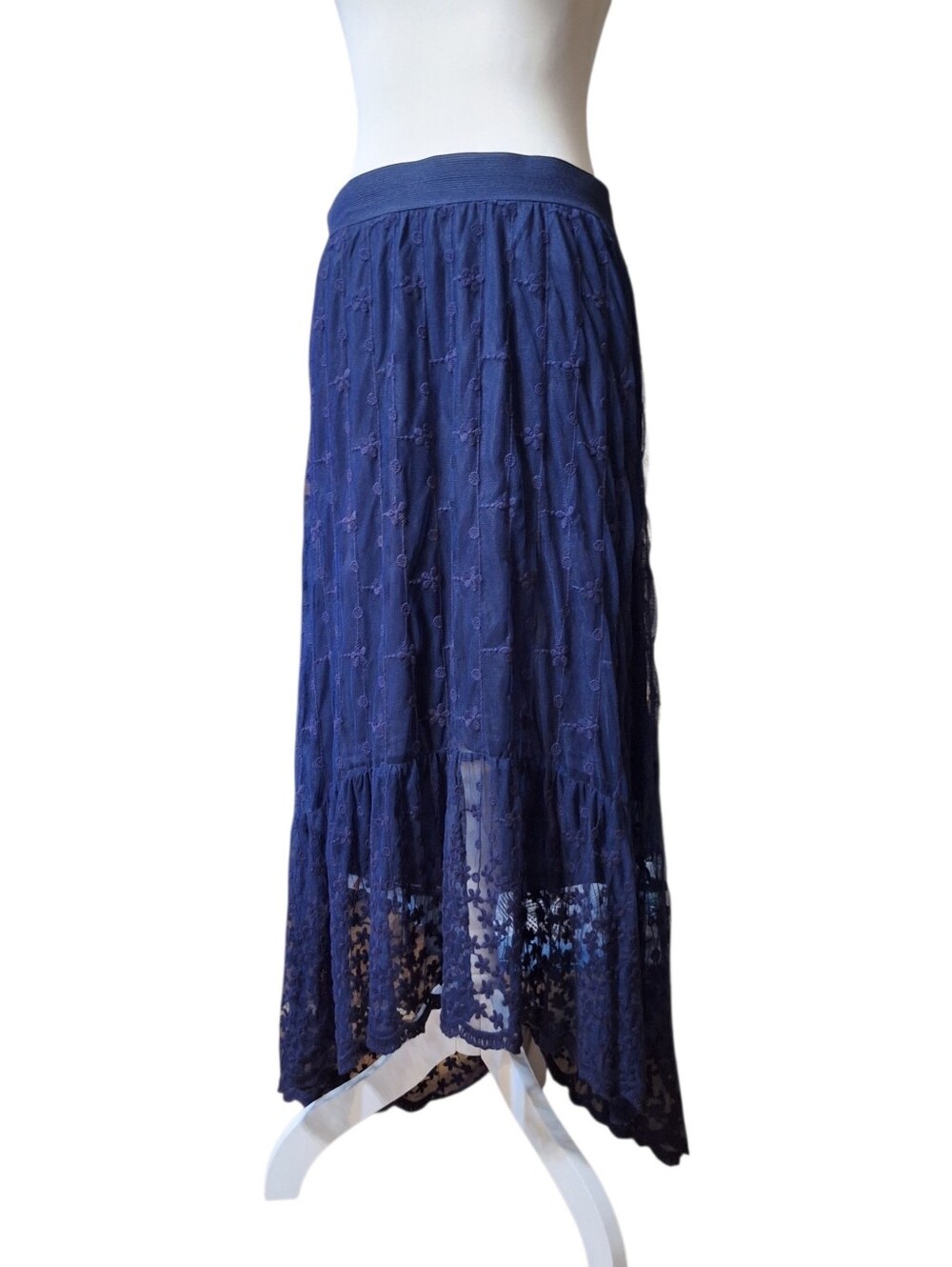 Navy Blue Lace Large Euro Summer Festival Western Boho Midi/maxi Pull On Skirt